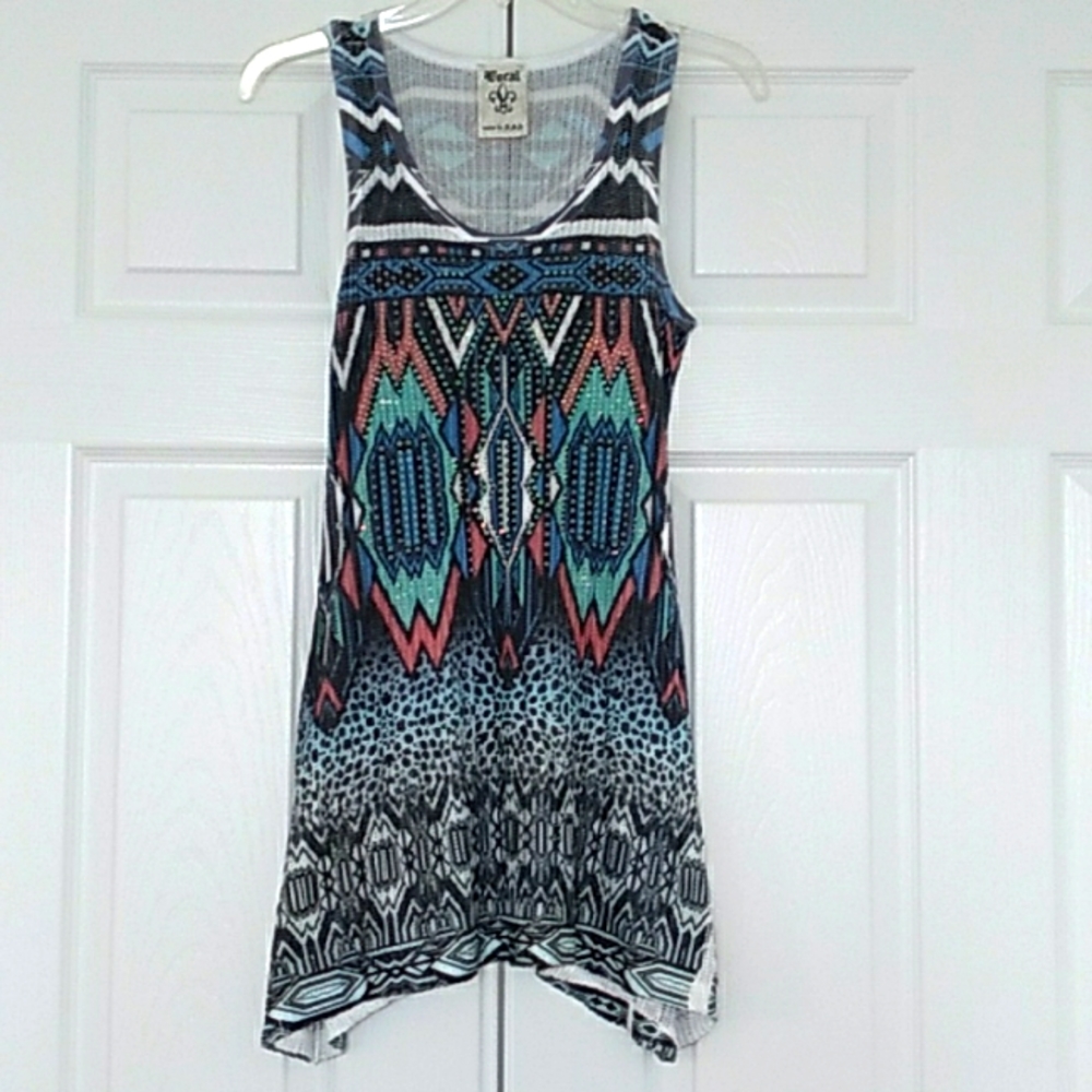 Vocal Blue Tribal Rhinestone Sleeveless Tunic Top